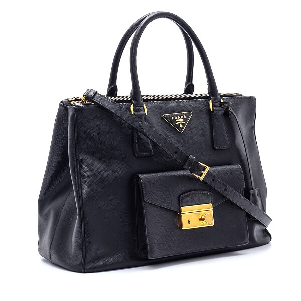 Prada - Black Saffiano Leather Front-Pocket Double Zip Tote Bag